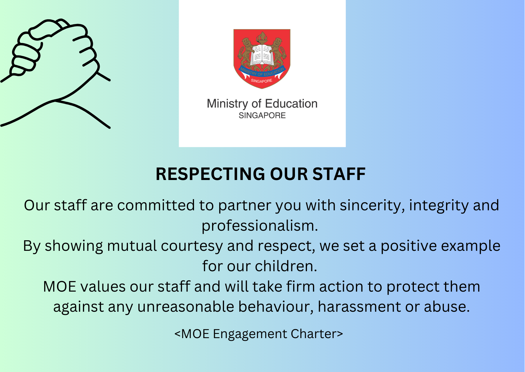 Poster on Respecting Our Staff as staff are committed to partner parents and student with sincerity, integrity and professionalism.